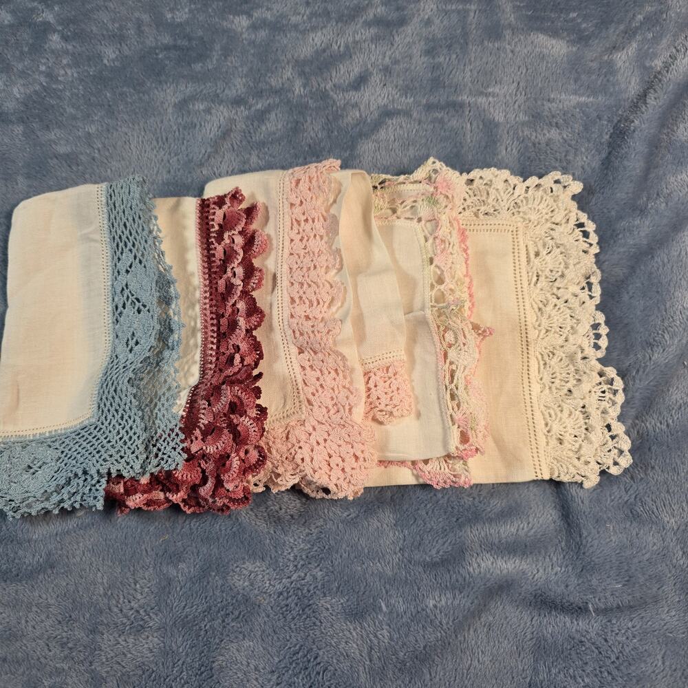 Vintage Crochet Lace Edge Handkerchiefs Lot of 5 Pastel Pink Blue Burgundy